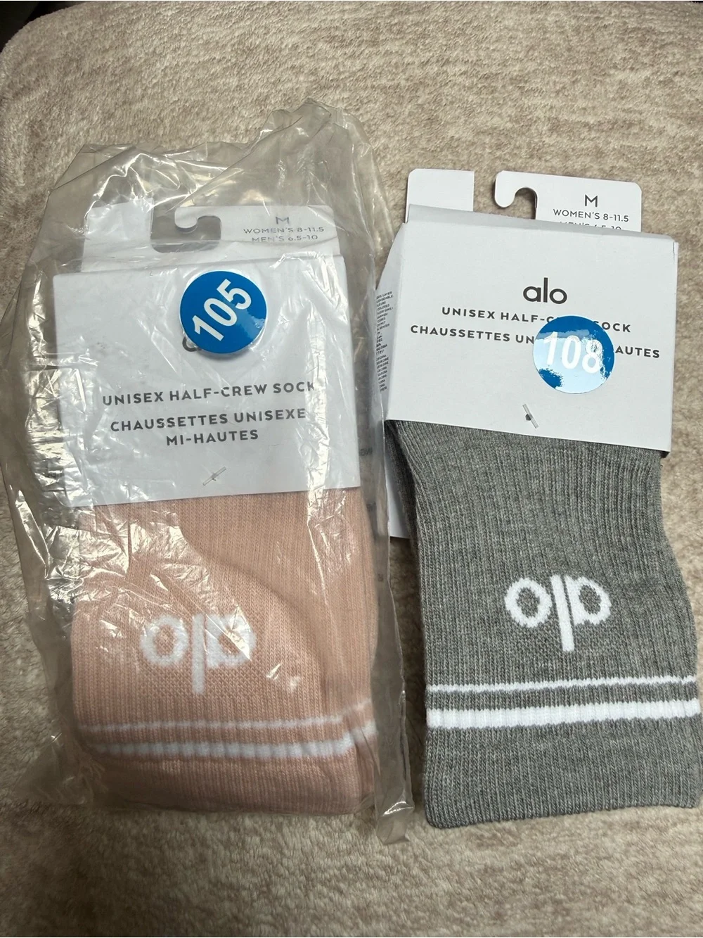New ALO Yoga Unisex Half‑Crew Socks Pink Quartz and Heather Gray Medium